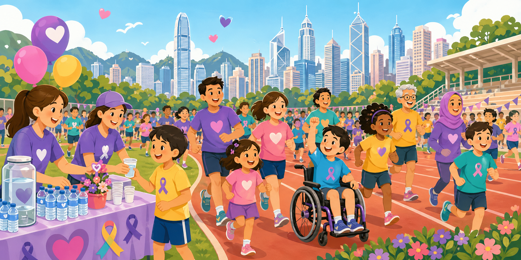 Cartoon illustration of an inclusive charity 5K community at Wan Chai Sports Ground with runners, volunteers, families, and Hong Kong skyline.
