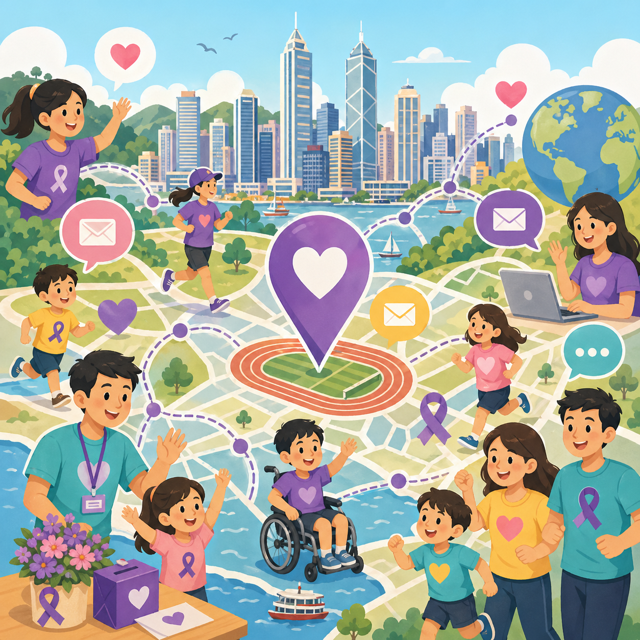 Cartoon map-style illustration of Wan Chai Sports Ground with connected community outreach icons, children, volunteers, and Hong Kong skyline.