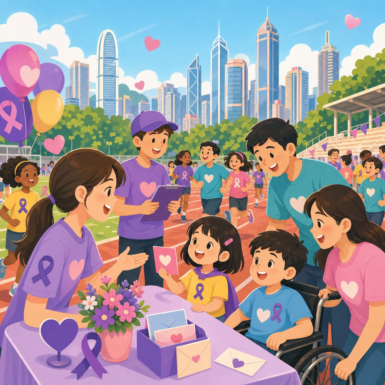 Cartoon illustration of a charity 5K contact table at Wan Chai Sports Ground with children, families, volunteers, and Hong Kong skyline.
