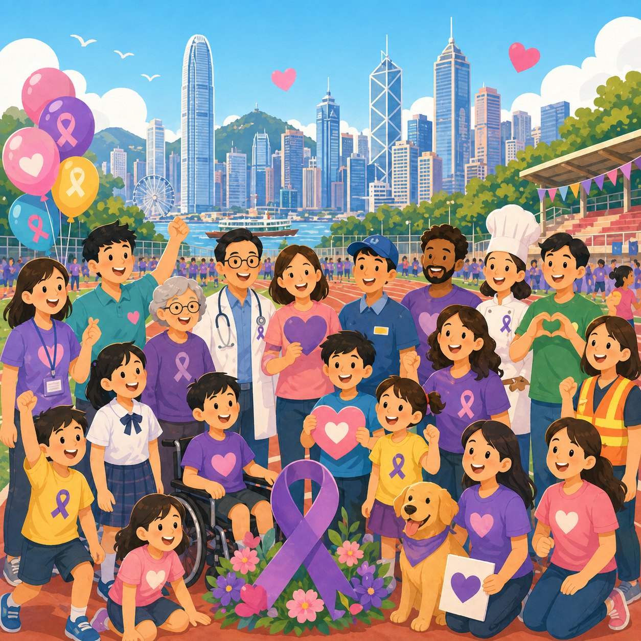 Cartoon illustration of Hong Kong community partners, students, families, and volunteers supporting a charity 5K.
