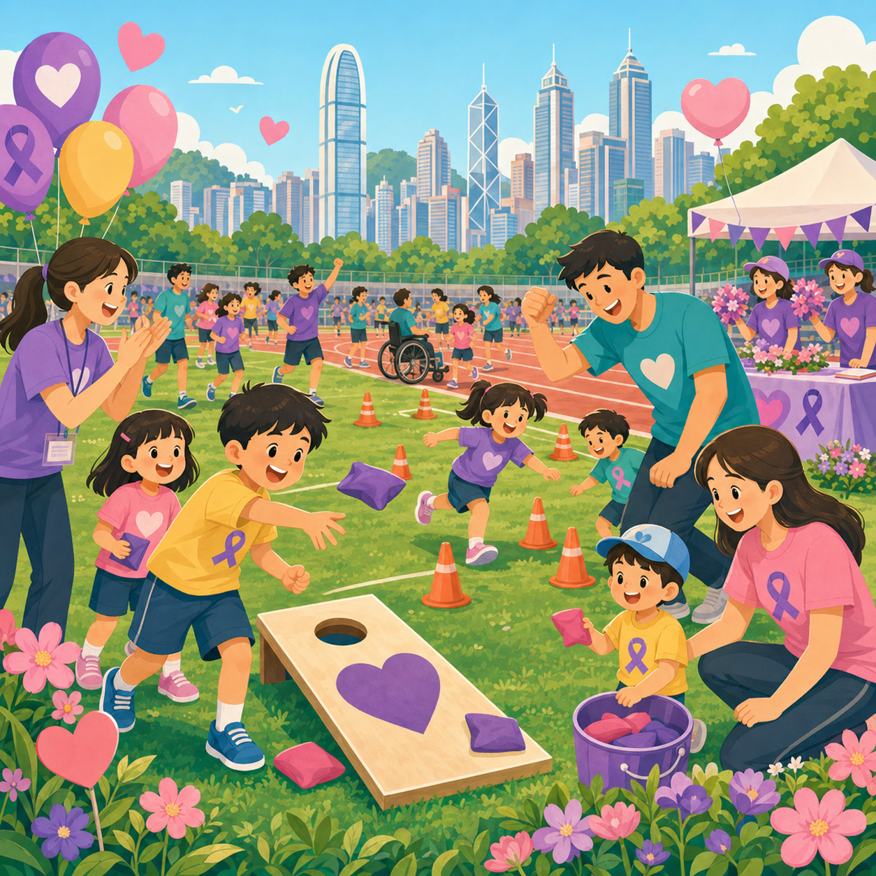 Cartoon illustration of children and families enjoying sports day activities near Wan Chai Sports Ground.