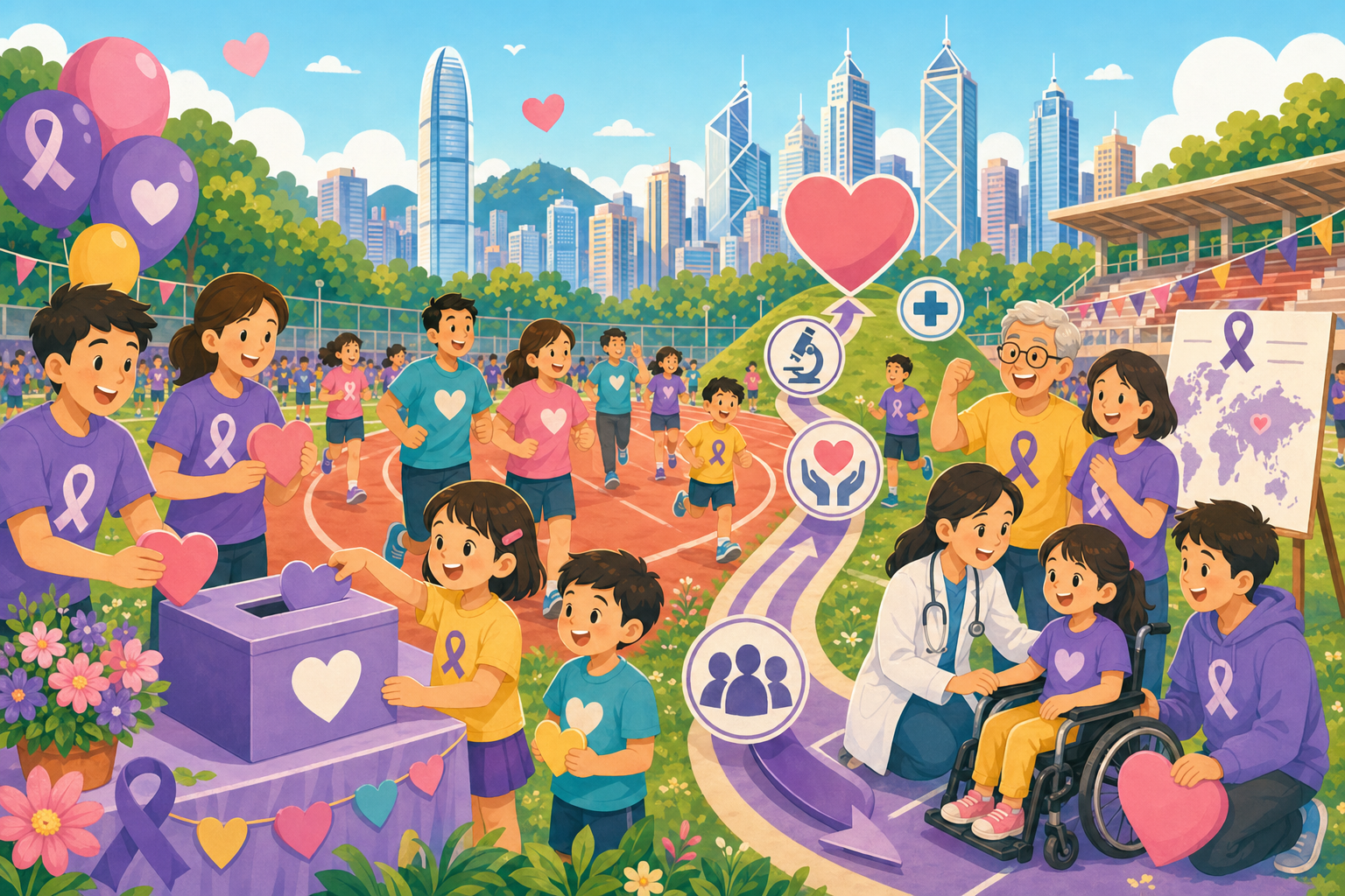 Cartoon illustration of fundraising and awareness goals for children with rare diseases at a charity 5K.