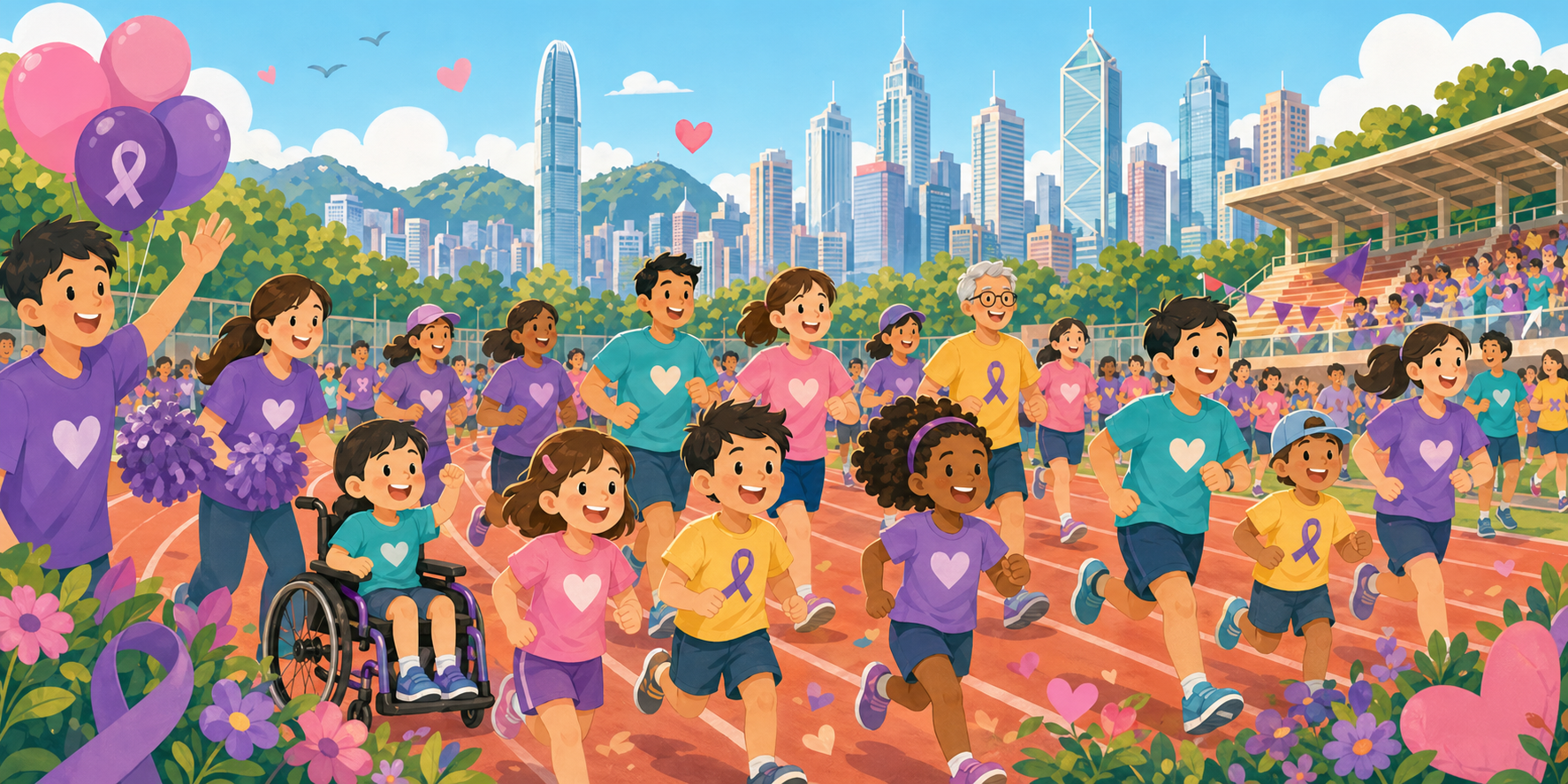 Cartoon illustration of children, families, volunteers, and inclusive runners at a charity 5K at Wan Chai Sports Ground with Hong Kong skyline.