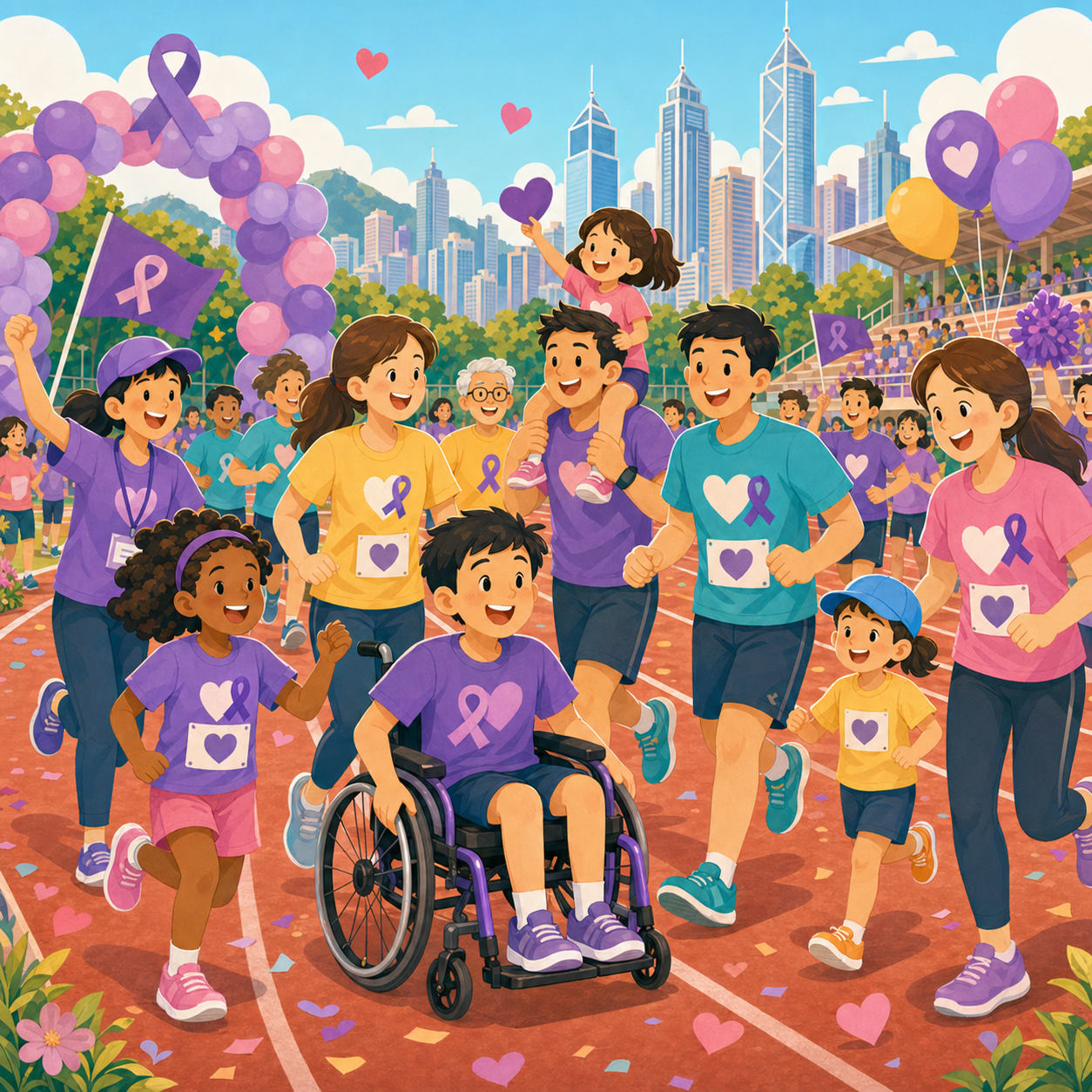 Cartoon illustration of inclusive charity 5K participation with children, family runners, volunteers, and a wheelchair athlete.