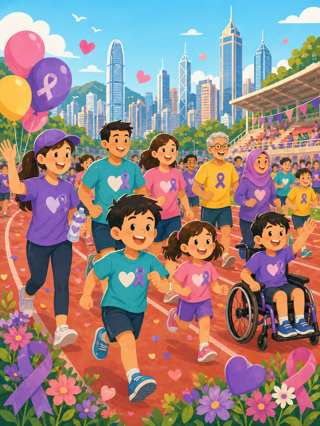 Cartoon portrait illustration of children, families, volunteers, and inclusive runners at a charity 5K run and walk.