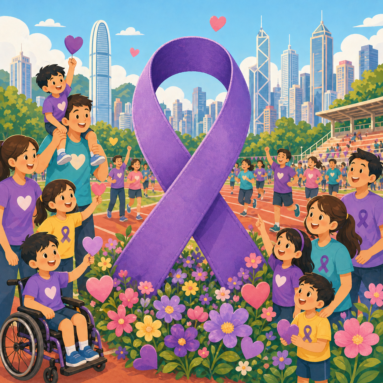 Cartoon illustration of a rare disease awareness ribbon with hearts, flowers, and community support symbols.