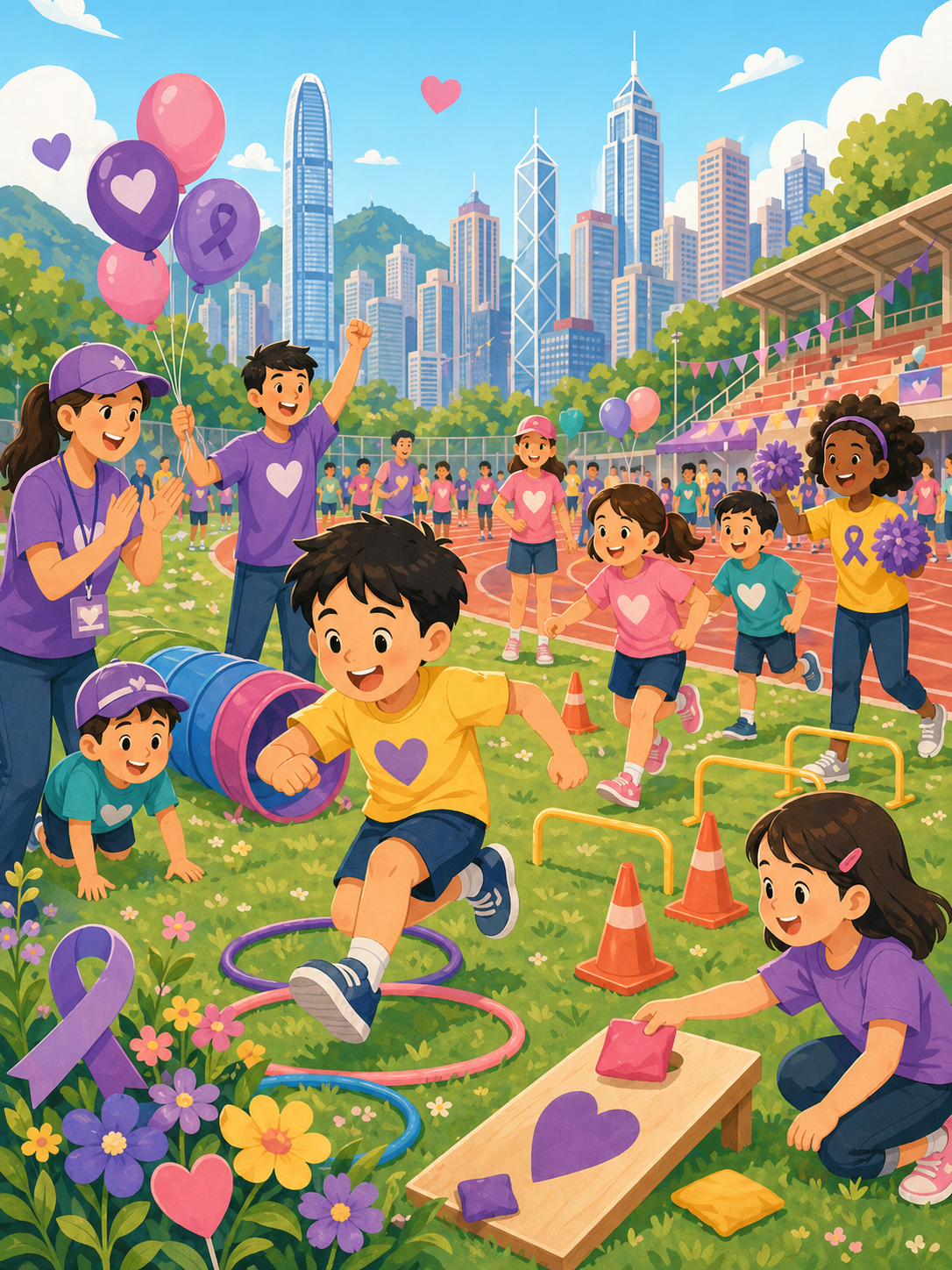 Cartoon portrait illustration of children and families playing sports day activities with volunteers at Wan Chai Sports Ground.