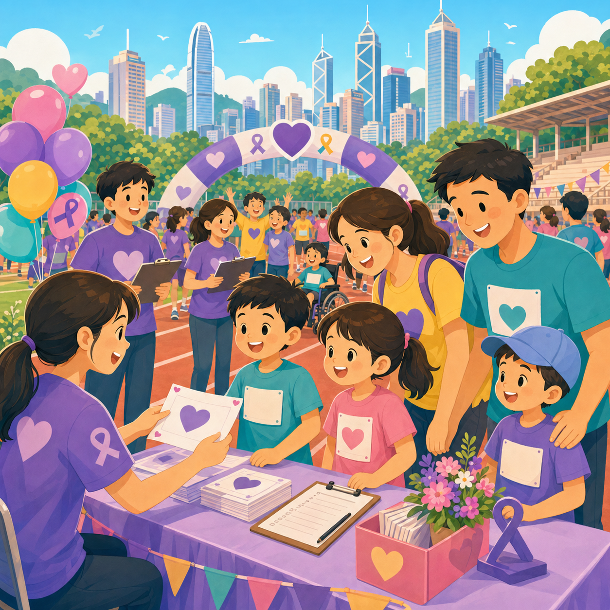 Cartoon illustration of students and families registering at the charity 5K start line at Wan Chai Sports Ground.