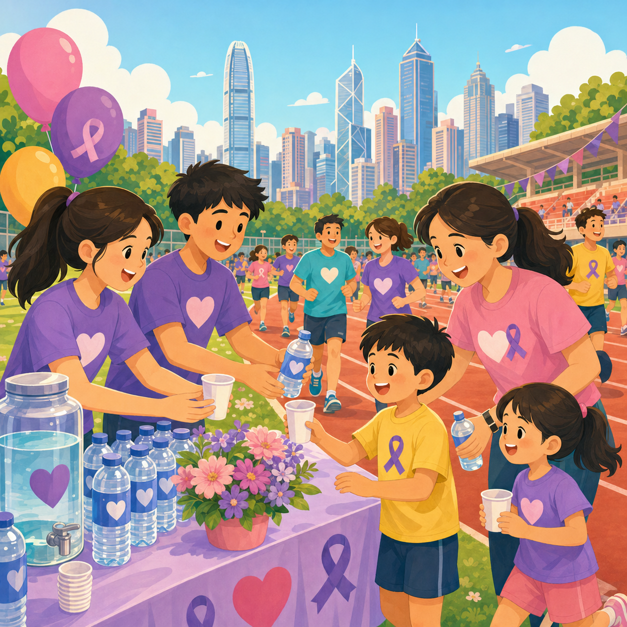 Cartoon illustration of student volunteers supporting children and family runners at a charity 5K water station.