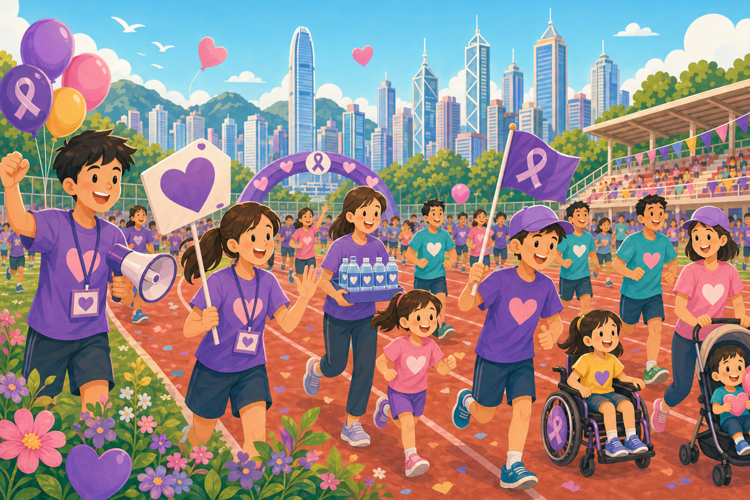 Cartoon illustration of youth-led community action at a charity sports event in Wan Chai, Hong Kong.